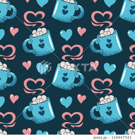 Seamless Pattern With Mug, Marshmallows And Hearts In Flat Style. Cozy Valentine's Day Hot Drink Texture For Fabric, Background, Packaging, Wallpaper And Surface Design. Sweet Comfort Concept. 134947581