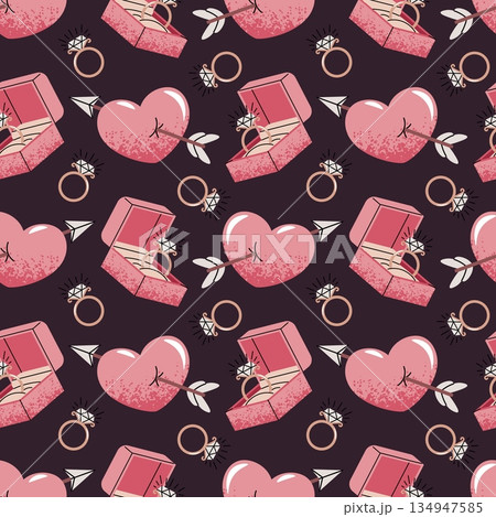 Seamless Pattern With Engagement Ring Box And Cupid's Arrow Heart In Flat Style. Wedding Proposal Texture For Fabric, Background, Packaging, Wallpaper And Surface Design. Eternal Commitment Concept. Seamless Pattern With Engagement Ring Box And Cupid's Arrow Heart In Flat Style. Wedding Proposal Texture For Fabric, Background, Packaging, Wallpaper And Surface Design. Eternal Commitment Concept. 134947585