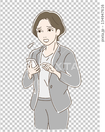 外出中にスマホを見て困った顔をするスーツの女性ビジネスパーソン・トラブル・悩み 外出中にスマホを見て困った顔をするスーツの女性ビジネスパーソン・トラブル・悩み 134947616