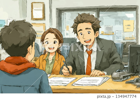 銀行窓口で書類を説明する男性行員｜親切で信頼感のある相談シーンのイラスト 134947774