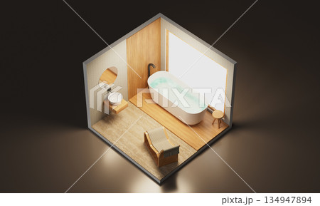 Isometric Cozy Modern Bathroom Interior with Bathtub and Lounge Chair 134947894