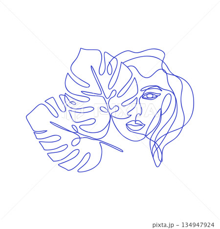 Woman Face With Monstera Leaves Line Art Vector Illustration Fashion Minimal Print Design 134947924