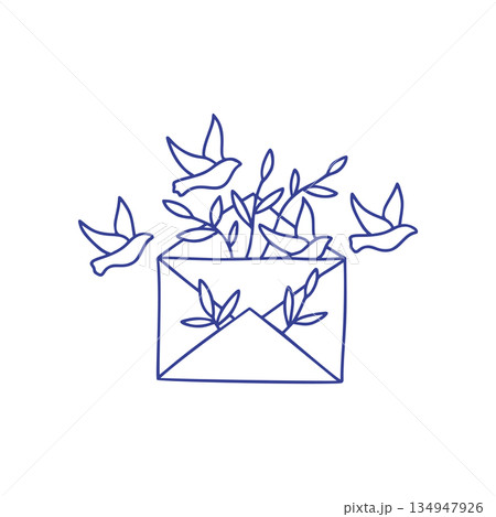 Envelope Letter With Birds And Leaves Line Art Vector Illustration Minimal Print Design 134947926