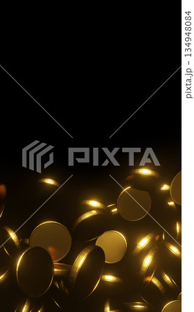 Gold coins falling on black background with copy space 3D render 134948084