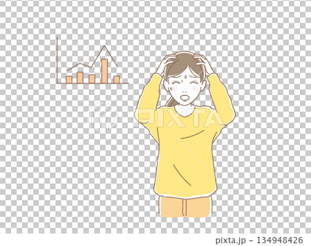 Illustration of a woman in a cold sweat, holding her head and lamenting the loss of the new NISA, with a stock market crash chart in the background 134948426