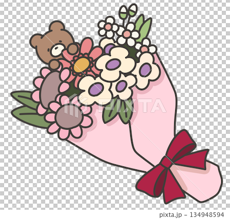 ピンクの花束とクマのぬいぐるみのイラスト 134948594
