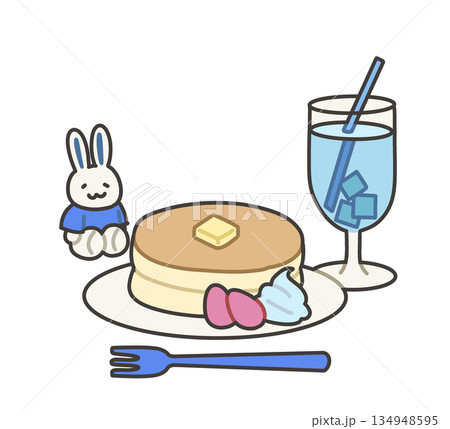 パンケーキと青い飲み物と青いTシャツのぬいぐるみのイラスト パンケーキと青い飲み物と青いTシャツのぬいぐるみのイラスト 134948595