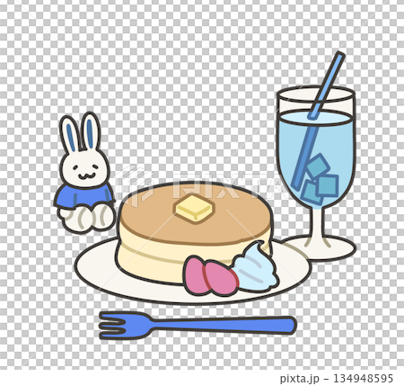 パンケーキと青い飲み物と青いTシャツのぬいぐるみのイラスト パンケーキと青い飲み物と青いTシャツのぬいぐるみのイラスト 134948595