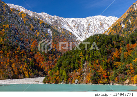 長野県大町市平 鮮やかなミルキーブルーの高瀬ダム調整湖の紅葉と青空に映える冠雪した山々の景色 長野県大町市平 鮮やかなミルキーブルーの高瀬ダム調整湖の紅葉と青空に映える冠雪した山々の景色 134948771