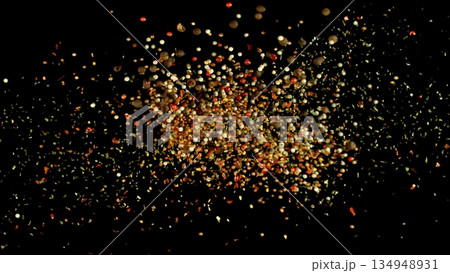Freeze Motion Shot of Flying Various Spices, Macro Shot 134948931