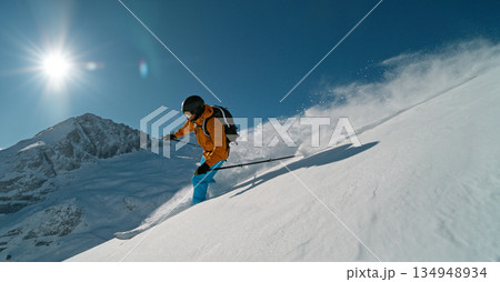 Skier riding in the scenic Dolomites mountains in fresh po . Super slow motion at 1000 fps. Skier riding in the scenic Dolomites mountains in fresh po . Super slow motion at 1000 fps. 134948934