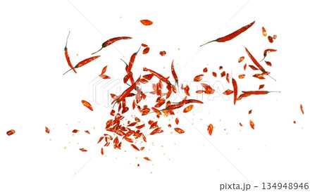 Freeze Motion Shot of Flying Red Chili Peppers Isolated on White Background Freeze Motion Shot of Flying Red Chili Peppers Isolated on White Background 134948946