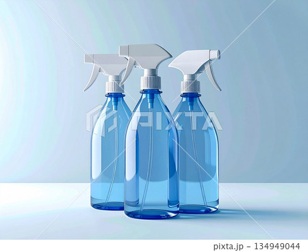 Professional cleaning service ads. Three transparent sprays in a row on a white background. Disinfectant, glass cleaner, all-purpose surface cleaner. Mockup for branding cleaning product. 134949044