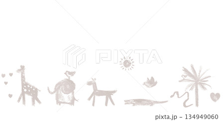 Stylized animal illustrations in a minimalist design. Features a giraffe, elephant, zebra, bird, crocodile, and a snake, with a sun and palm tree. 134949060
