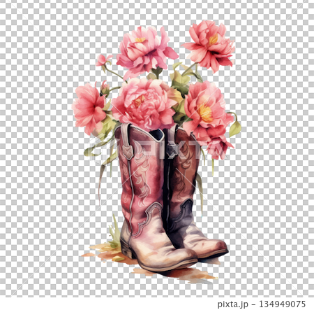 手書き風のリアルなウェスタンブーツとピンクの薔薇、ヴィンテージでロマンチックな水彩アート 手書き風のリアルなウェスタンブーツとピンクの薔薇、ヴィンテージでロマンチックな水彩アート 134949075
