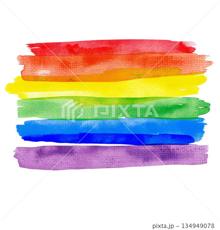 白背景に隔離された虹色のレインボーフラッグ、水彩画タッチのLGBTプライドシンボル素材 134949078