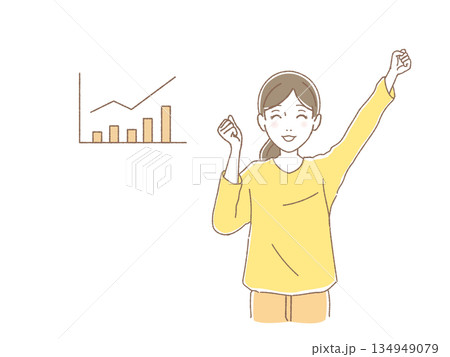 株価上昇チャートを背景にガッツポーズで喜ぶ女性のイラスト・新NISAの運用成功 134949079