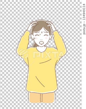 Illustration of a woman in a cold sweat, holding her head and feeling shocked, worries, failure, trouble Illustration of a woman in a cold sweat, holding her head and feeling shocked, worries, failure, trouble 134949114