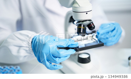 Adult hands in blue gloves operating microscope conducting scientific research medical laboratory analysis healthcare discovery biotechnology innovation concept Adult hands in blue gloves operating microscope conducting scientific research medical laboratory analysis healthcare discovery biotechnology innovation concept 134949386