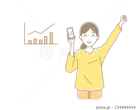 株価上昇チャートを背景に、スマホを手にガッツポーズで喜ぶ女性のイラスト・新NISA成功 134949434