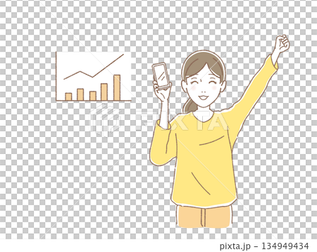 株価上昇チャートを背景に、スマホを手にガッツポーズで喜ぶ女性のイラスト・新NISA成功 134949434