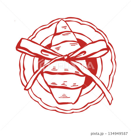 French croissant with a bow on a plate (top view). Pastry isolated on a white background. Vector outline illustration of a sweet dessert. Romantic breakfast. 134949587