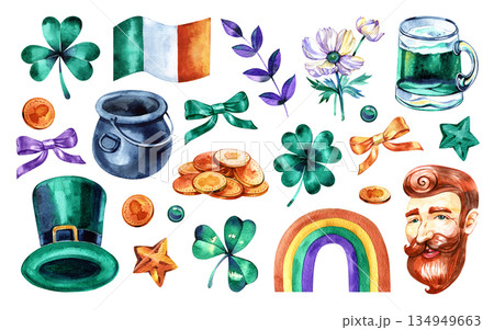 Comprehensive watercolor set for St. Patrick's Day featuring a leprechaun's head, green top hat, shamrocks, pot of gold, rainbow, Irish flag, and green beer. Hand-painted festive elements for Comprehensive watercolor set for St. Patrick's Day featuring a leprechaun's head, green top hat, shamrocks, pot of gold, rainbow, Irish flag, and green beer. Hand-painted festive elements for 134949663