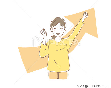 上昇矢印を背景にガッツポーズで喜ぶ女性のイラスト・成功・勝利・目標達成 134949695