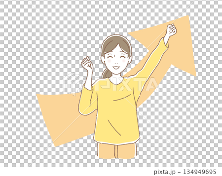 上昇矢印を背景にガッツポーズで喜ぶ女性のイラスト・成功・勝利・目標達成 134949695