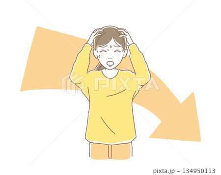 下落矢印を背景に冷や汗をかき頭を抱える女性のイラスト・不況・損失・失敗 134950113