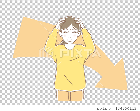下落矢印を背景に冷や汗をかき頭を抱える女性のイラスト・不況・損失・失敗 134950113