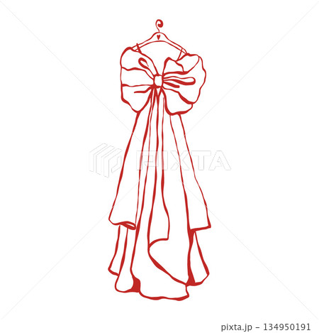 Illustration of a vintage wedding dress with bow on a hanger in red. Outline clipart of long wedding dress in doodle style. Vector illustration 134950191