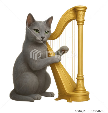 ハープを演奏する子猫のかわいいイラスト ハープを演奏する子猫のかわいいイラスト 134950268