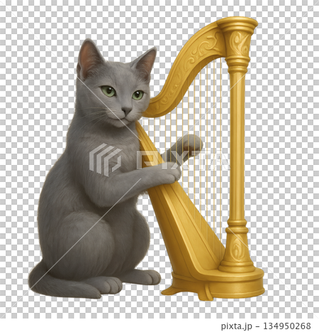 ハープを演奏する子猫のかわいいイラスト ハープを演奏する子猫のかわいいイラスト 134950268
