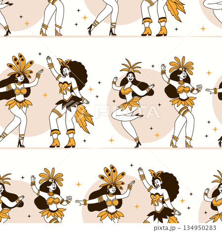 Carnival Women Dancers Seamless Pattern. Happy Female Character in Masquerade Costumes with Feathers on White Background. Color Hand-Drawn Doodle. Vector Illustration. Not AI 134950283