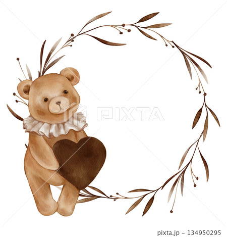 Watercolor round Chaplet with brown Plants and Cute Teddy Bear Holding heart. Hand drawn illustration circle wreath, with branches and Adorable Valentine bear toy with vintage Jabot. Watercolor round Chaplet with brown Plants and Cute Teddy Bear Holding heart. Hand drawn illustration circle wreath, with branches and Adorable Valentine bear toy with vintage Jabot. 134950295