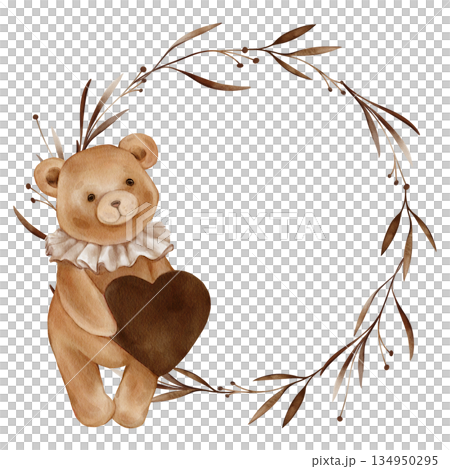 Watercolor round Chaplet with brown Plants and Cute Teddy Bear Holding heart. Hand drawn illustration circle wreath, with branches and Adorable Valentine bear toy with vintage Jabot. 134950295
