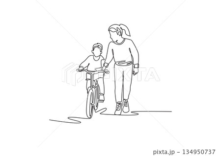 Continuous one line drawing mother walking alongside her son on bicycle. Support, gentle encouragement required for child to gain riding confidence. Single line draw design vector graphic illustration 134950737