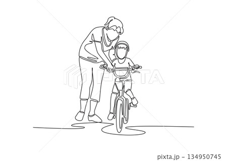 Single continuous line drawing woman mother helping kid on a bicycle. Parent guiding daughter during an outdoor bike lesson for family bonding. Dynamic one line draw graphic design vector illustration Single continuous line drawing woman mother helping kid on a bicycle. Parent guiding daughter during an outdoor bike lesson for family bonding. Dynamic one line draw graphic design vector illustration 134950745