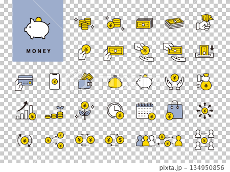 一套簡單的圖標,代表金錢、支付、儲蓄和資產管理 一套簡單的圖標,代表金錢、支付、儲蓄和資產管理 134950856
