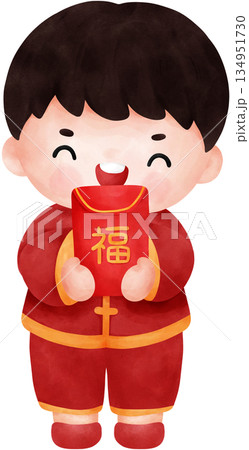 Cute watercolor illustration cartoon of a boy in Chinese outfit holding a red envelope 134951730