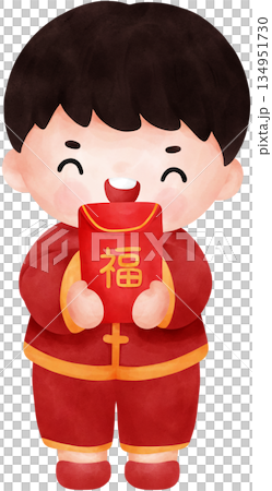 Cute watercolor illustration cartoon of a boy in Chinese outfit holding a red envelope 134951730
