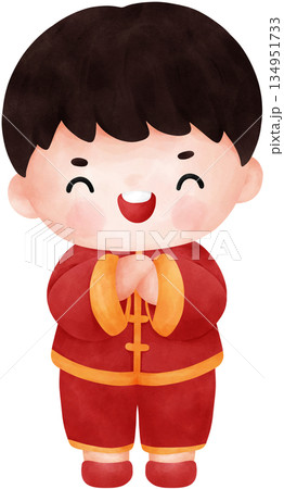 Cute watercolor illustration cartoon of a boy in Chinese outfit greeting 134951733
