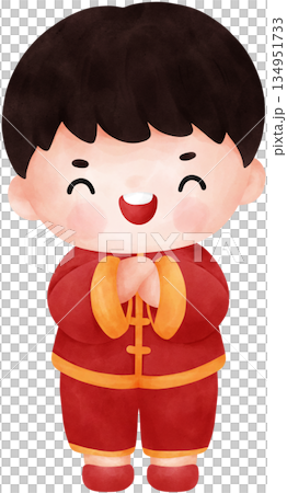 Cute watercolor illustration cartoon of a boy in Chinese outfit greeting 134951733