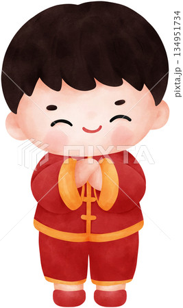 Cute watercolor illustration cartoon of a boy in Chinese outfit greeting 134951734