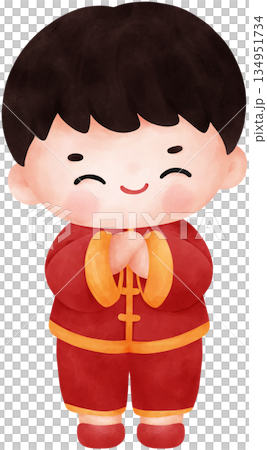 Cute watercolor illustration cartoon of a boy in Chinese outfit greeting 134951734