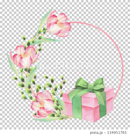 Wreath of willow branches, tulips and gift box. Watercolor illustration. For fabric, wallpaper, packing paper, greeting cards, design, decoration and illustration. 134951765