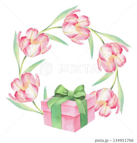 Wreath of tulips and gift box. Watercolor illustration. For fabric, wallpaper, packing paper, greeting cards, design, decoration and illustration. Wreath of tulips and gift box. Watercolor illustration. For fabric, wallpaper, packing paper, greeting cards, design, decoration and illustration. 134951766
