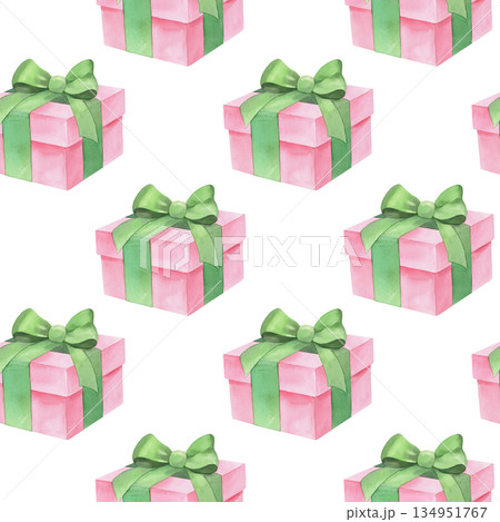 Seamless pattern of pink gift boxes. Watercolor illustration. For fabric, wallpaper, packing paper, greeting cards, design, decoration and illustration. 134951767