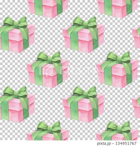 Seamless pattern of pink gift boxes. Watercolor illustration. For fabric, wallpaper, packing paper, greeting cards, design, decoration and illustration. 134951767